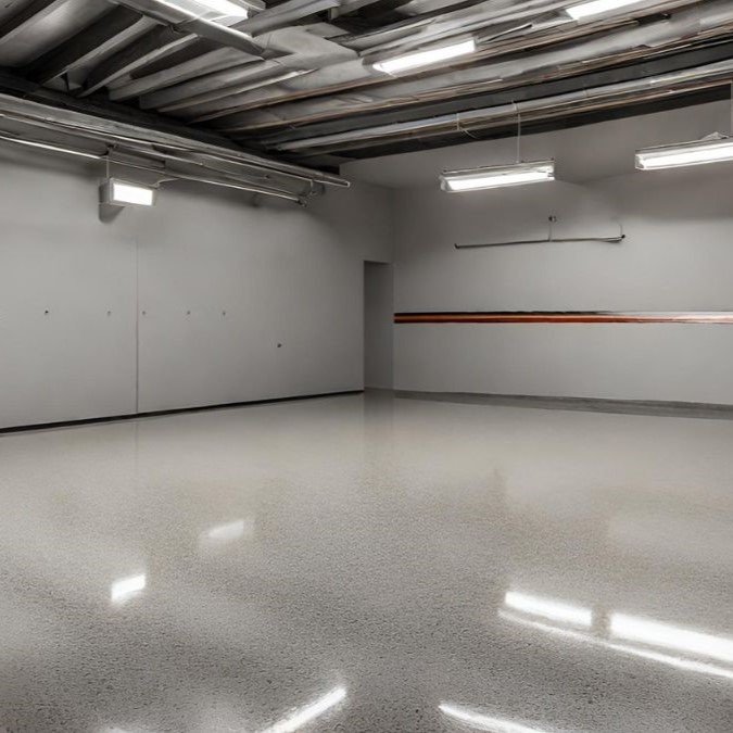 an empty garage with polished concrete flooring