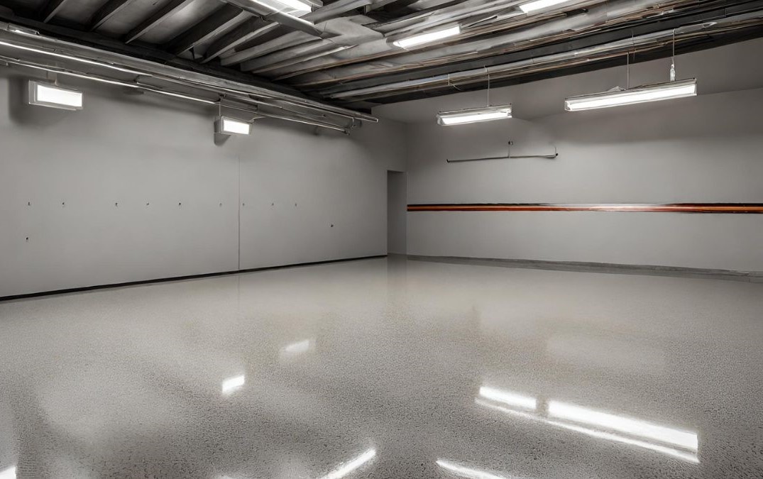 an empty garage with polished concrete flooring