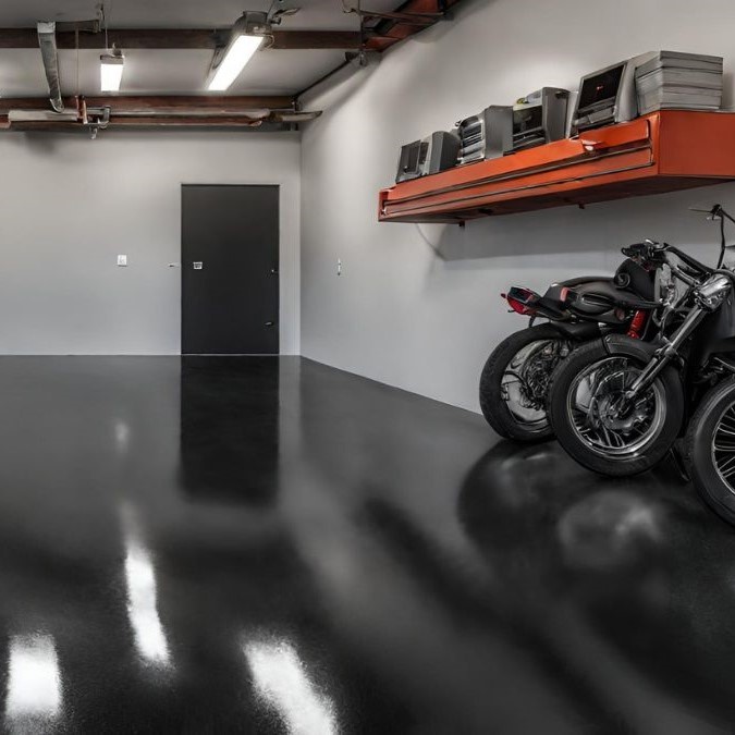 Black polished concrete flooring for a garage with bikes and stereos in it.