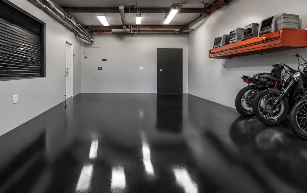 Black polished concrete flooring for a garage with bikes and stereos in it.