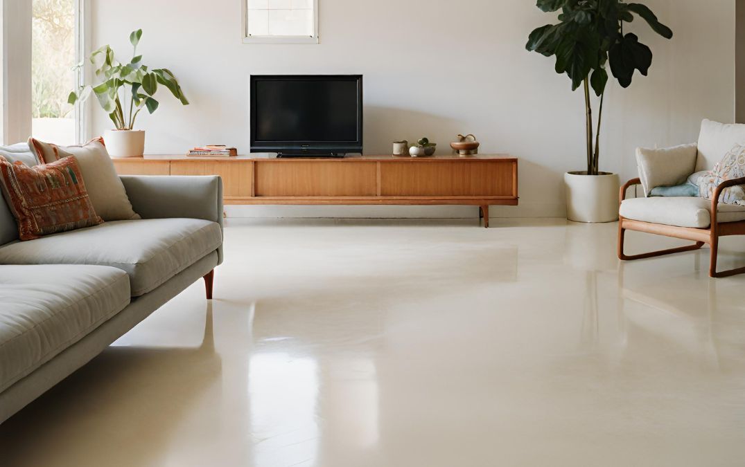 A stunning cream polished concrete floor for a living room in the UK