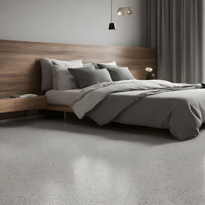 A bedroom with a polished concrete floor.