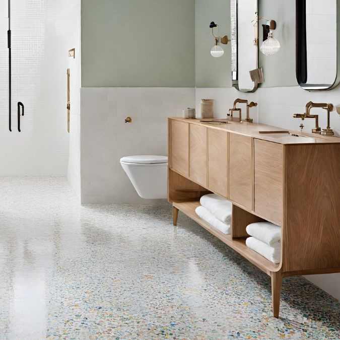 A bathroom with a freshly laid concrete floor, with a salt and pepper polished finish.