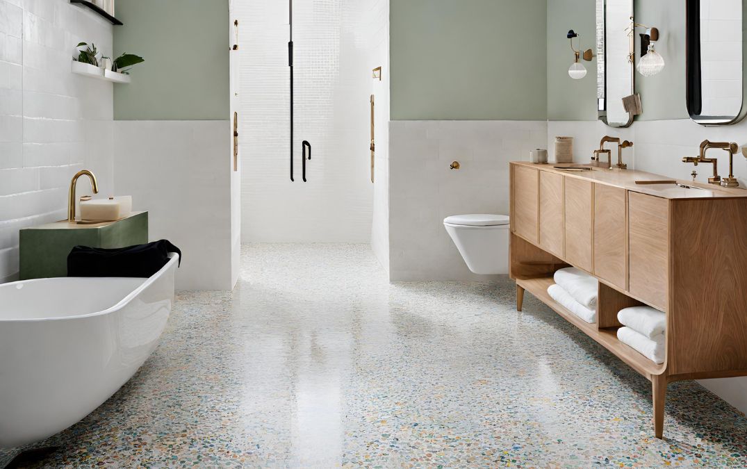 A bathroom with a freshly laid concrete floor, with a salt and pepper polished finish.