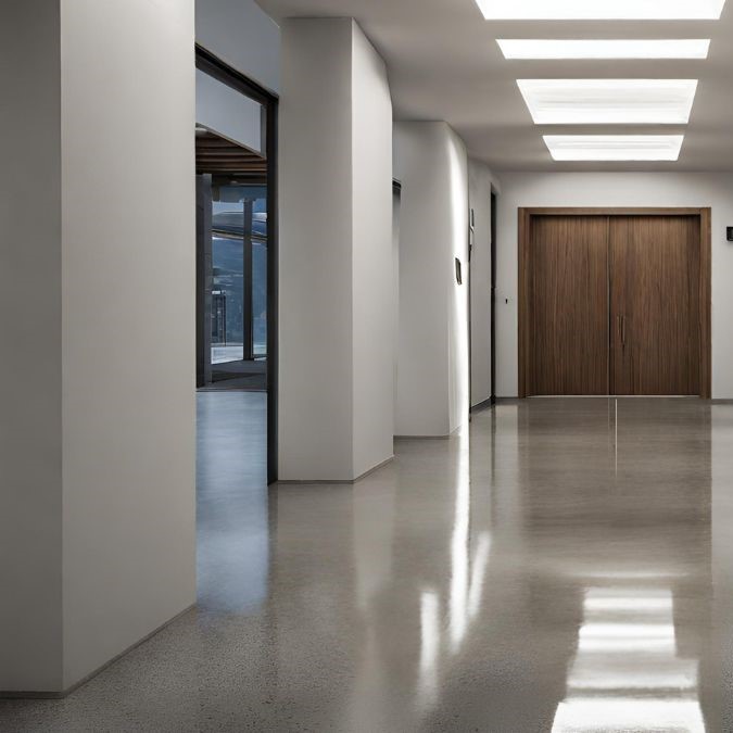 A hallway in an office building which has had a concrete overlay done on top of a tiled floor.