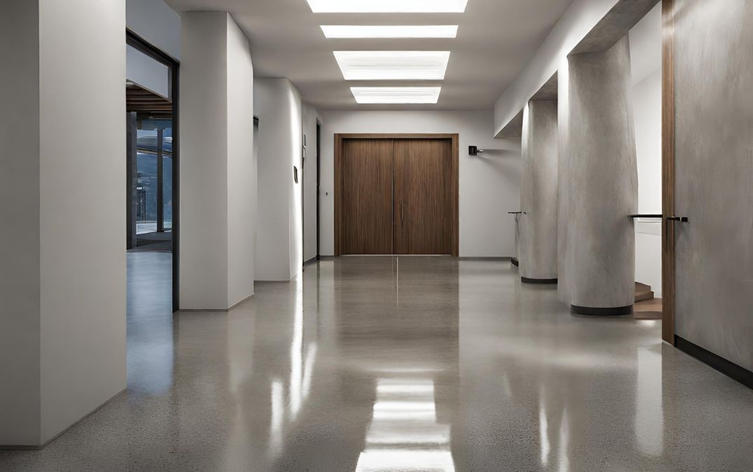 An office in Warminster with polished concrete flooring for a hallway.