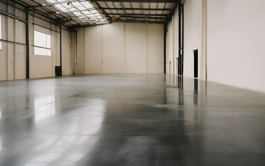 A durable black concrete floor for a warehouse.