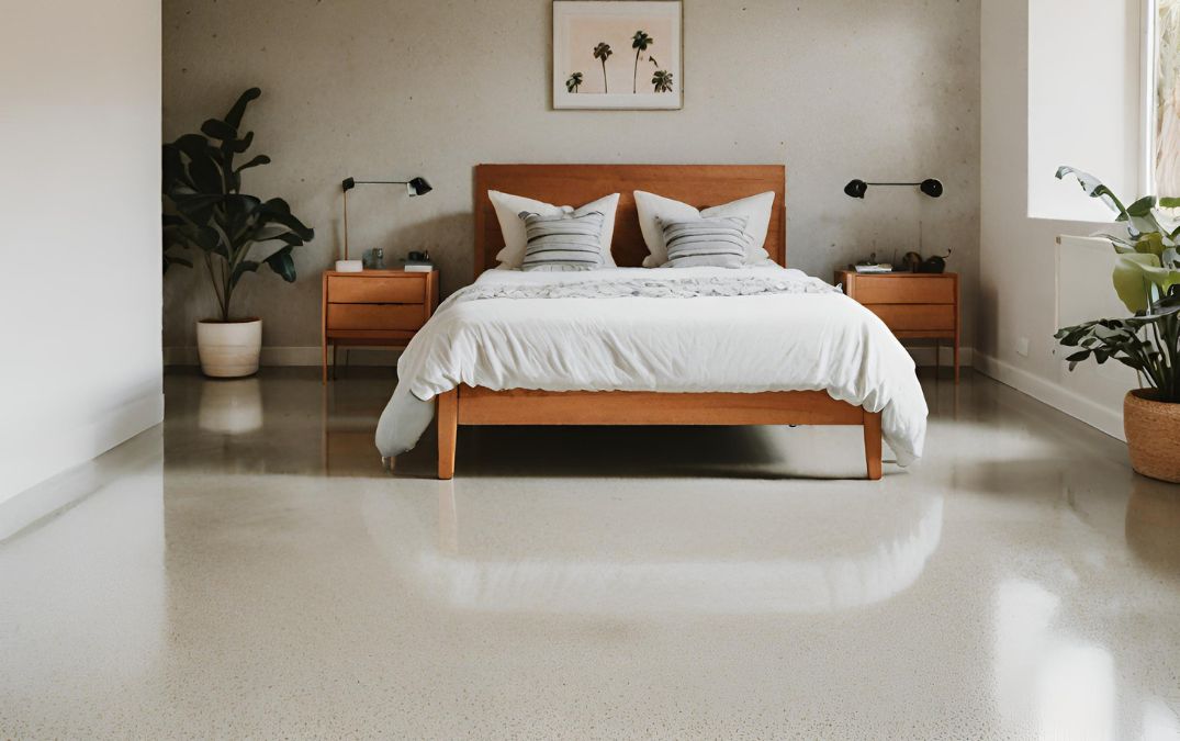 Polished concrete flooring for a bedroom