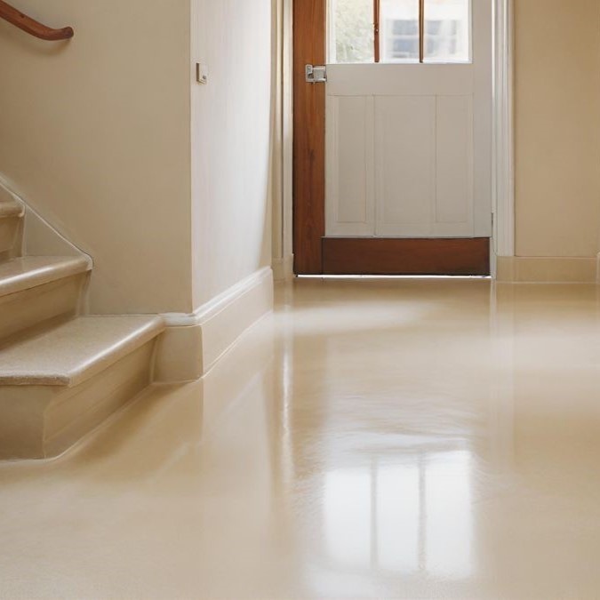 Polished concrete flooring in a hallway by a doorway.