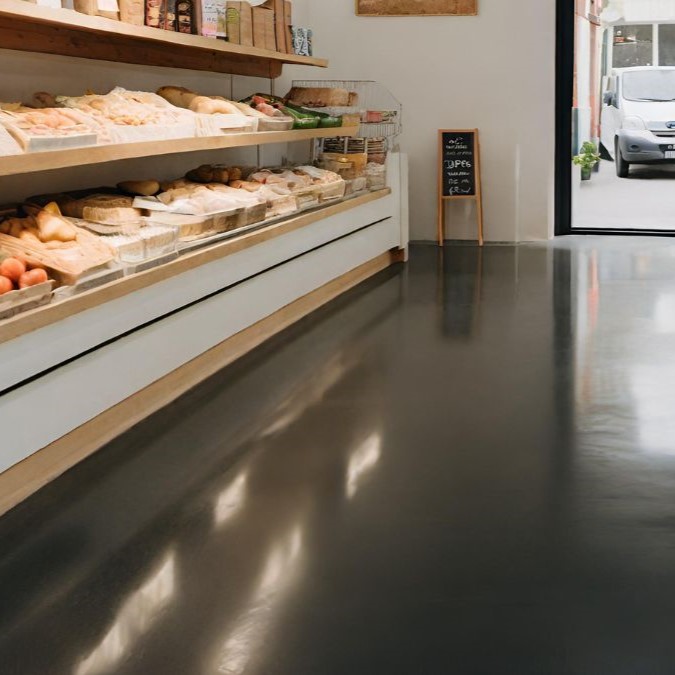 Dark polished concrete flooring for a food shop in the UK