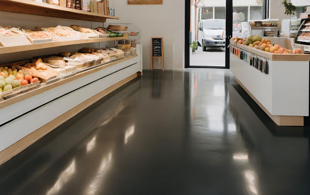 Dark polished concrete flooring for a food shop in the UK