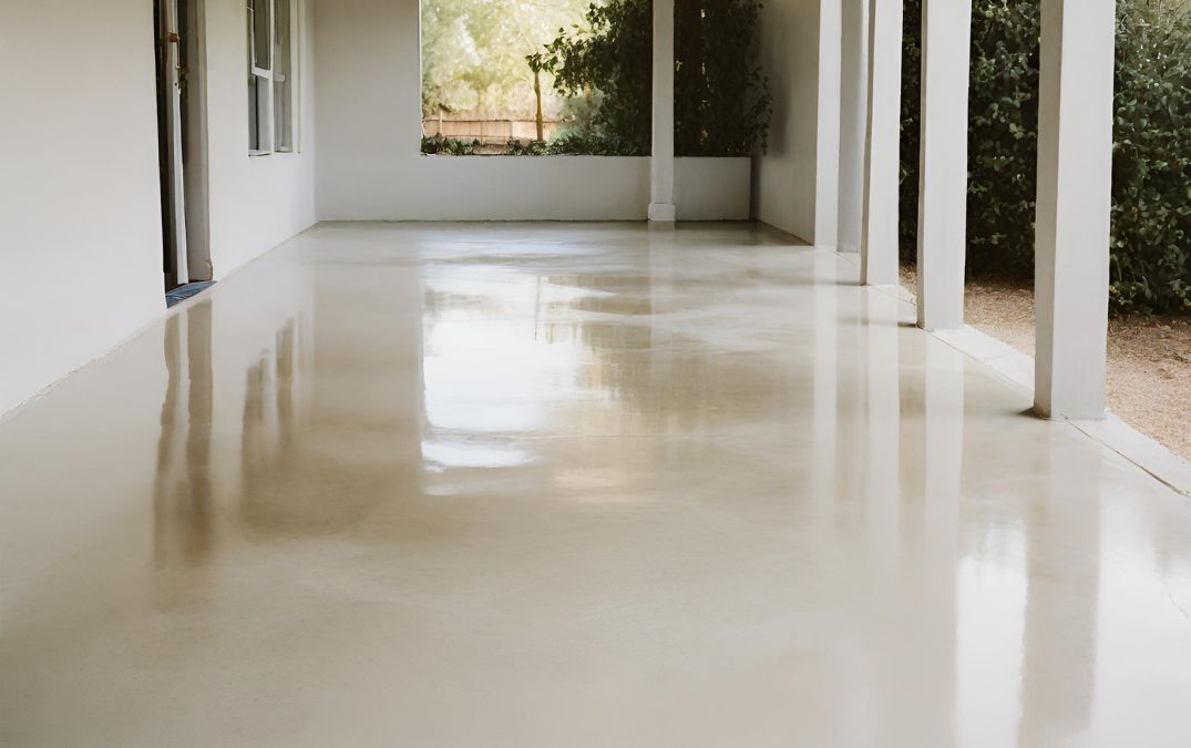 An outside porch with a polished concrete floor