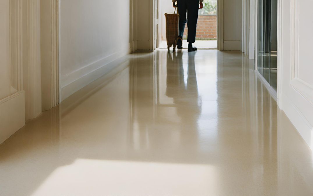 Polished concrete flooring for a landing inside a home.