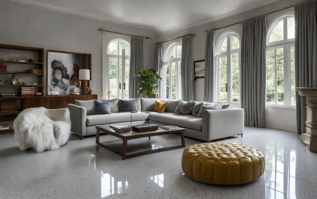 Speckled polished concrete floor for a living room