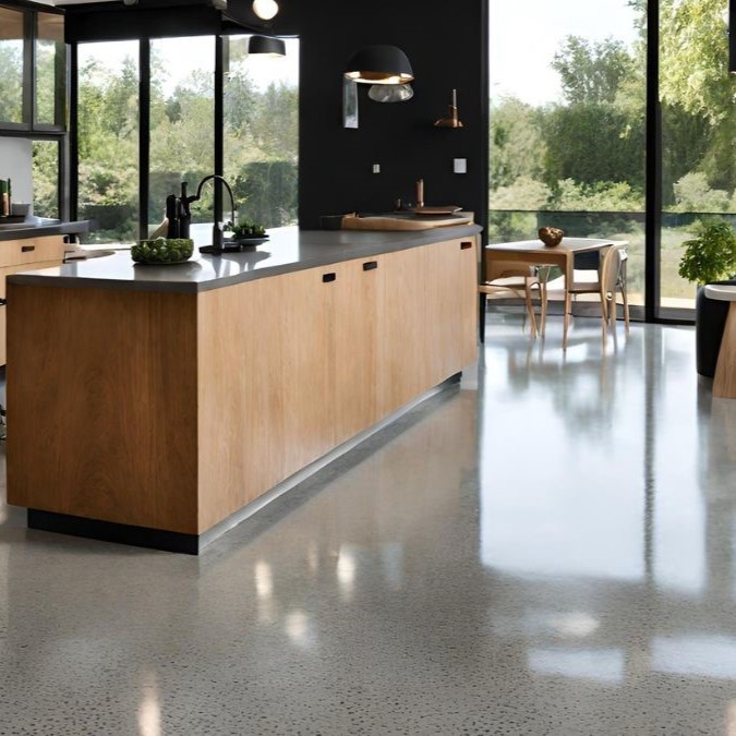 A kitchen in Trowbridge with a salt and pepper finish polished concrete floor.