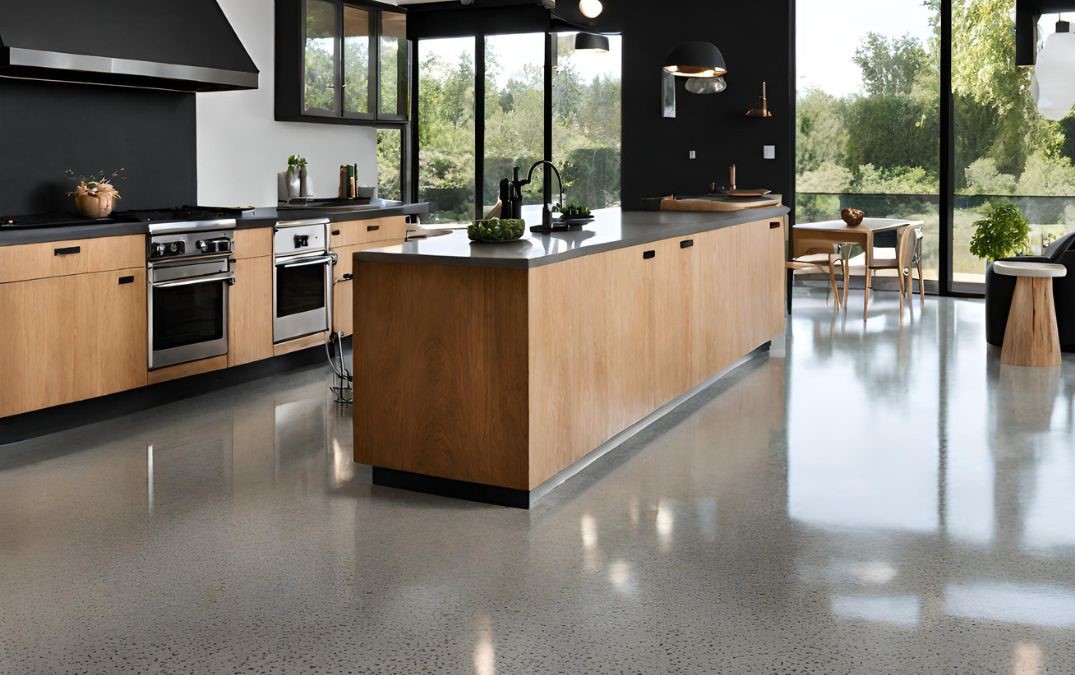 A kitchen in Portishead with a salt and pepper finish polished concrete floor.