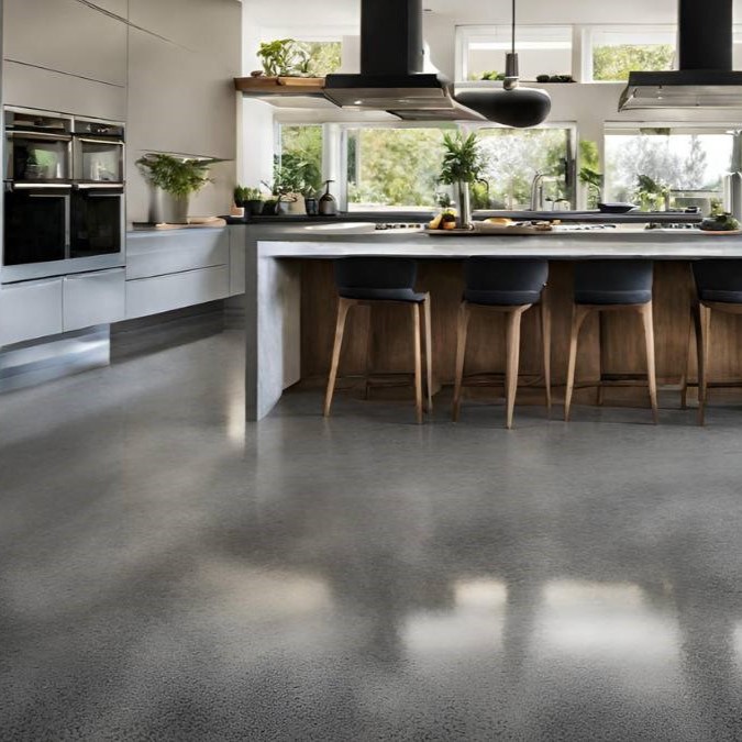 polished concrete flooring in a kitchen with a line of stools for seating.