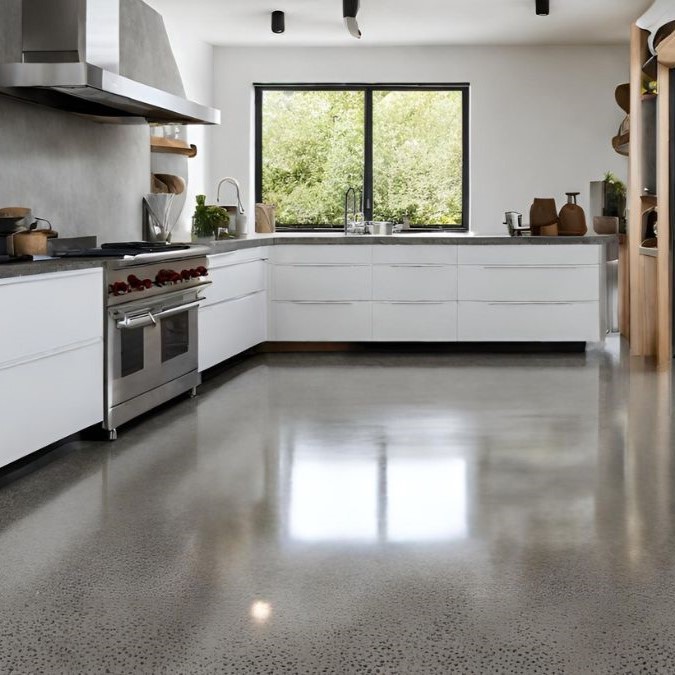 a small kitchen with three counter spaces, the floor is polihed concrete.