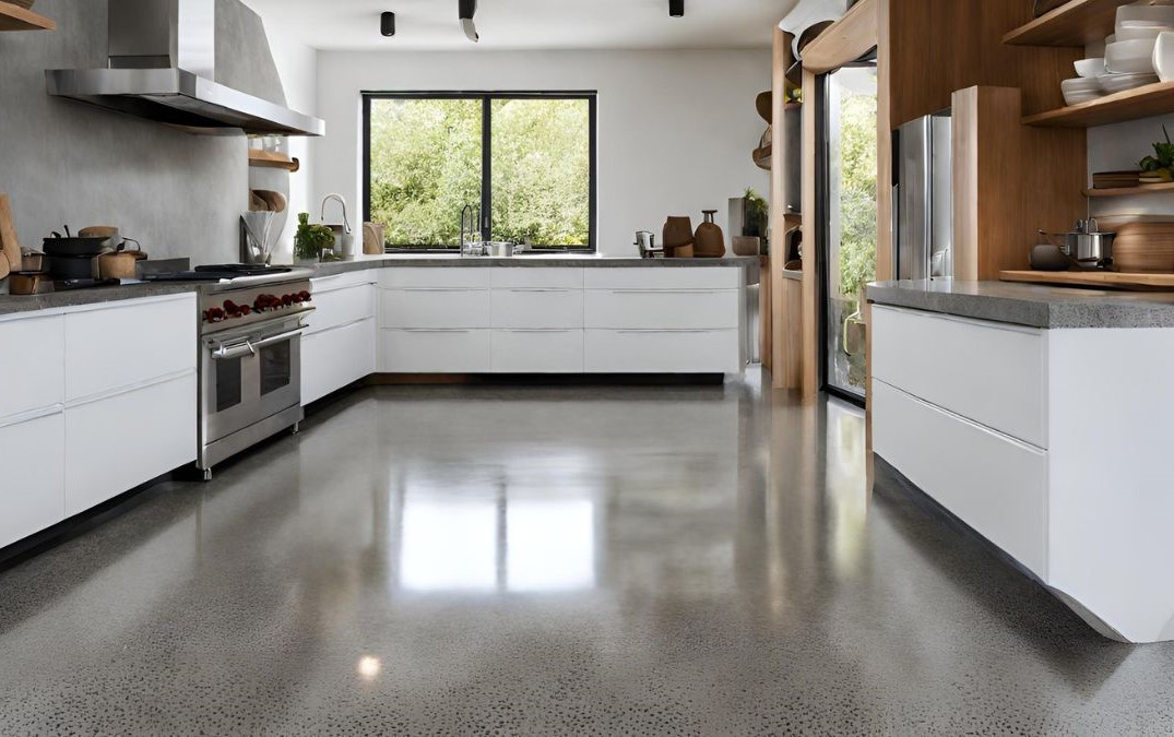 a small kitchen with three counter spaces, the floor is polihed concrete.