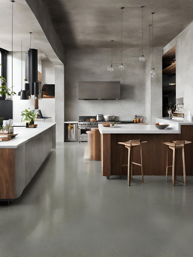 polished concrete floor in a kitchen