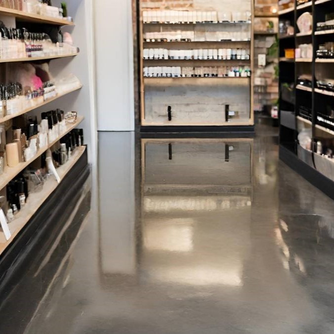 a black concrete polished floor for a soap shop