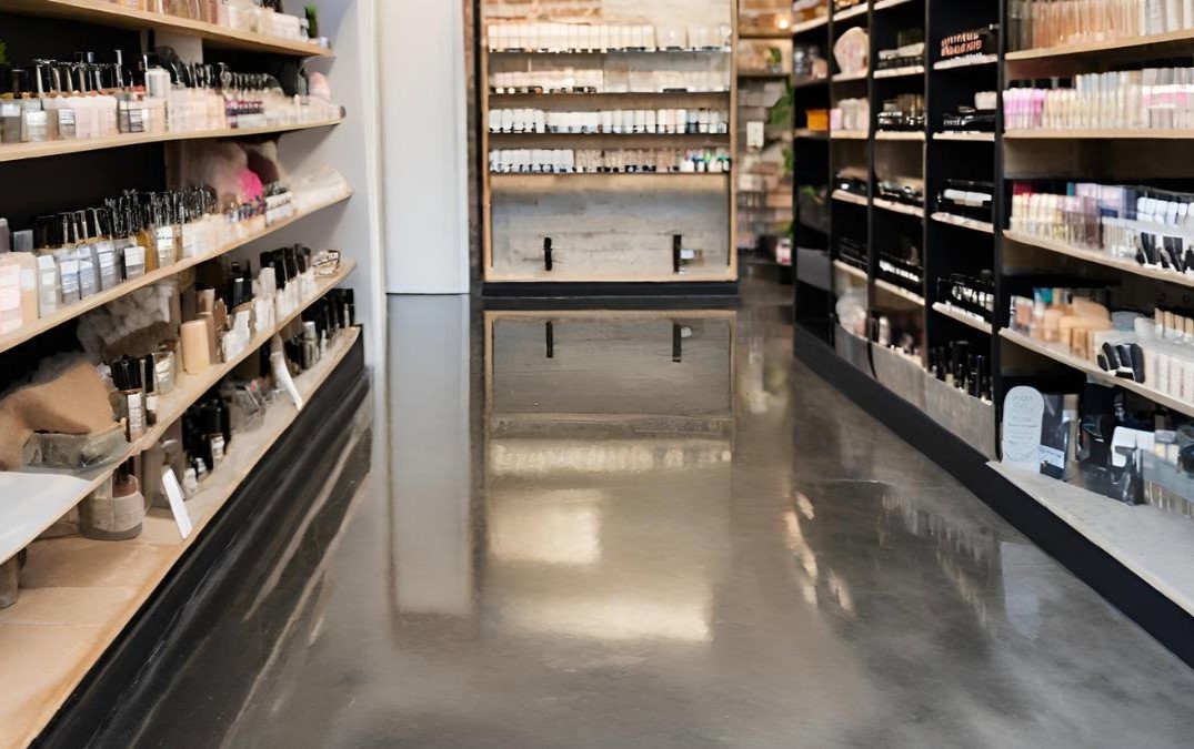 a black concrete polished floor for a soap shop