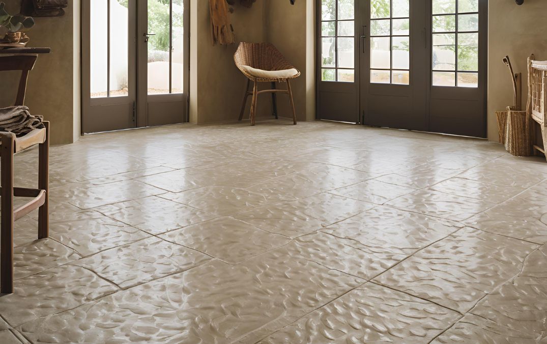 Stamped concrete floor for a living room