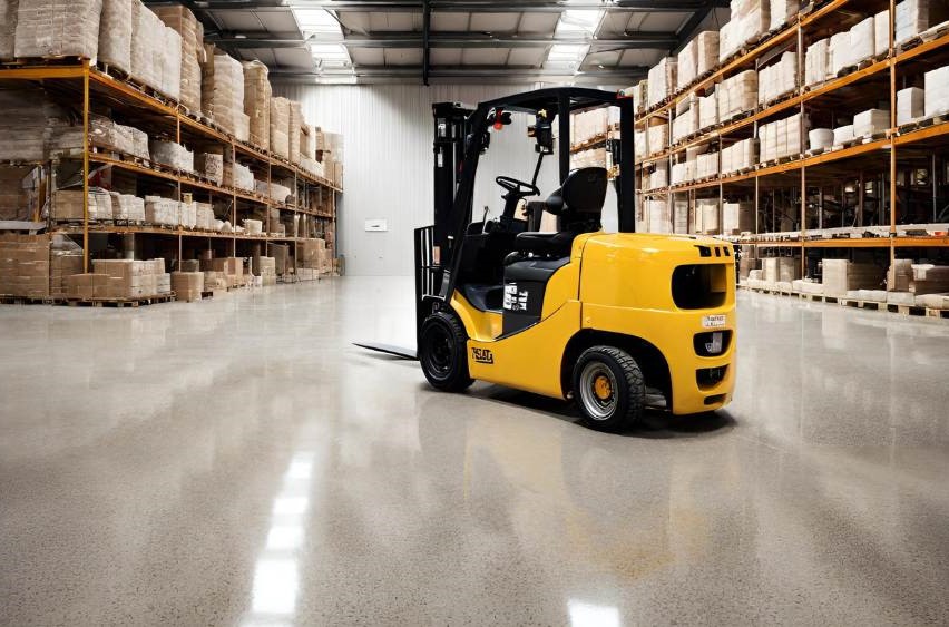 warehouse concrete flooring which has been polished, with a forklift on it