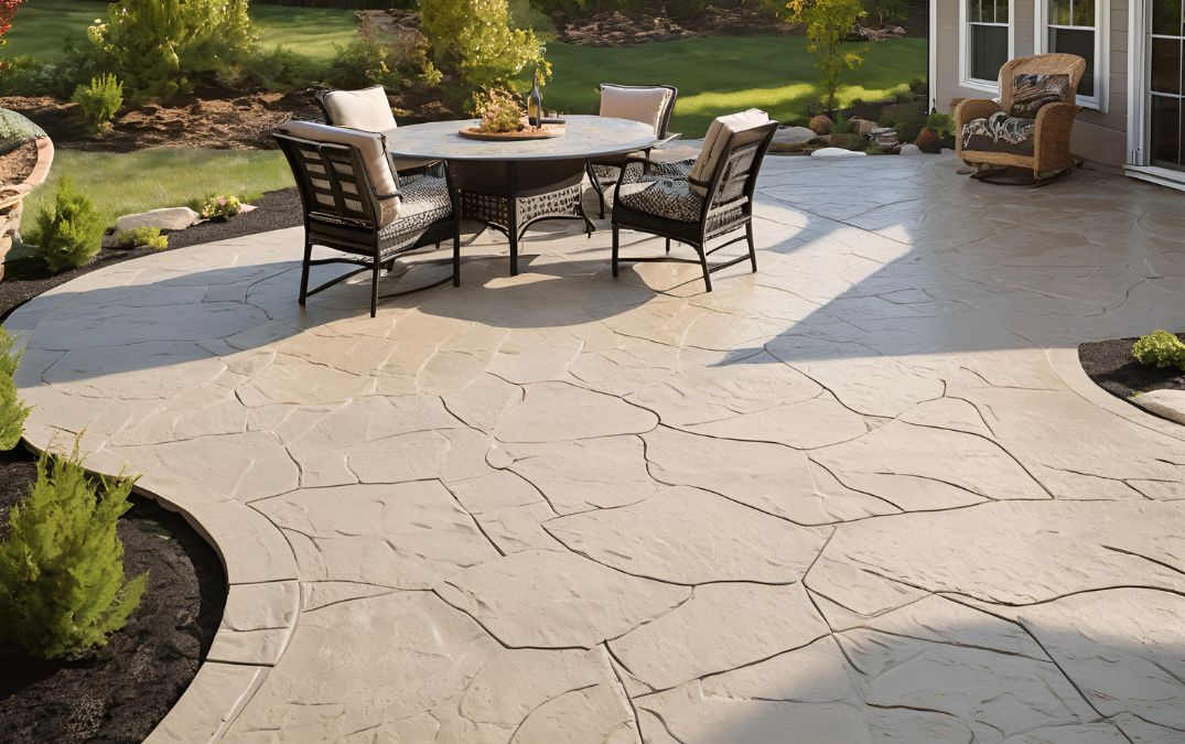 A stamped concrete patio in the style of stone.