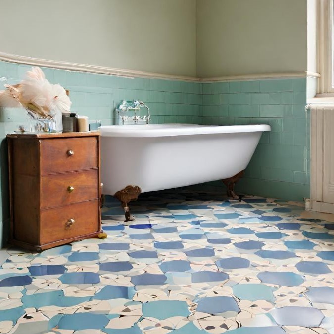 Victorian bathroom floor tiles which have been replaced due to damage over time