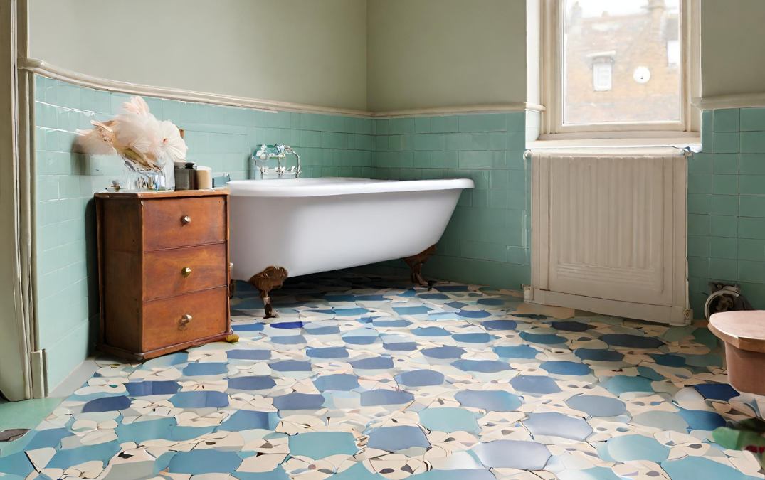 Victorian bathroom floor tiles which have been replaced due to damage over time