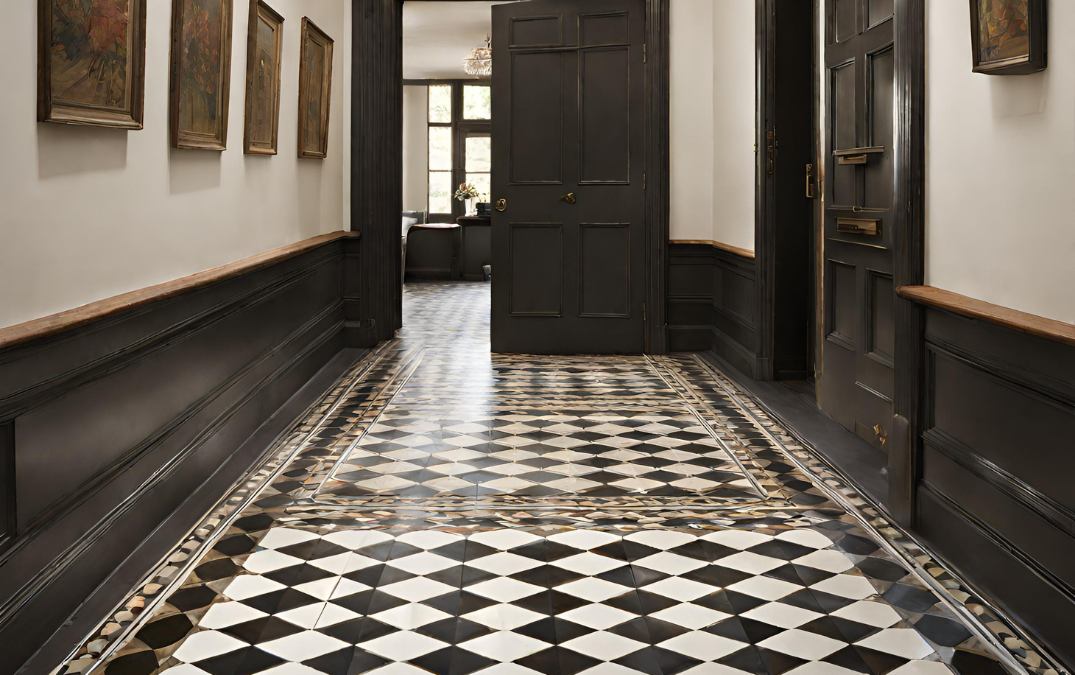 A hallway with black and white tiling for the floor.