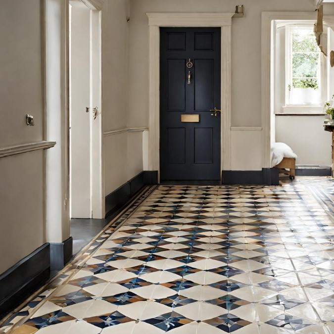 Victorian tiling in a hallway which has been restored to a vibrant colour