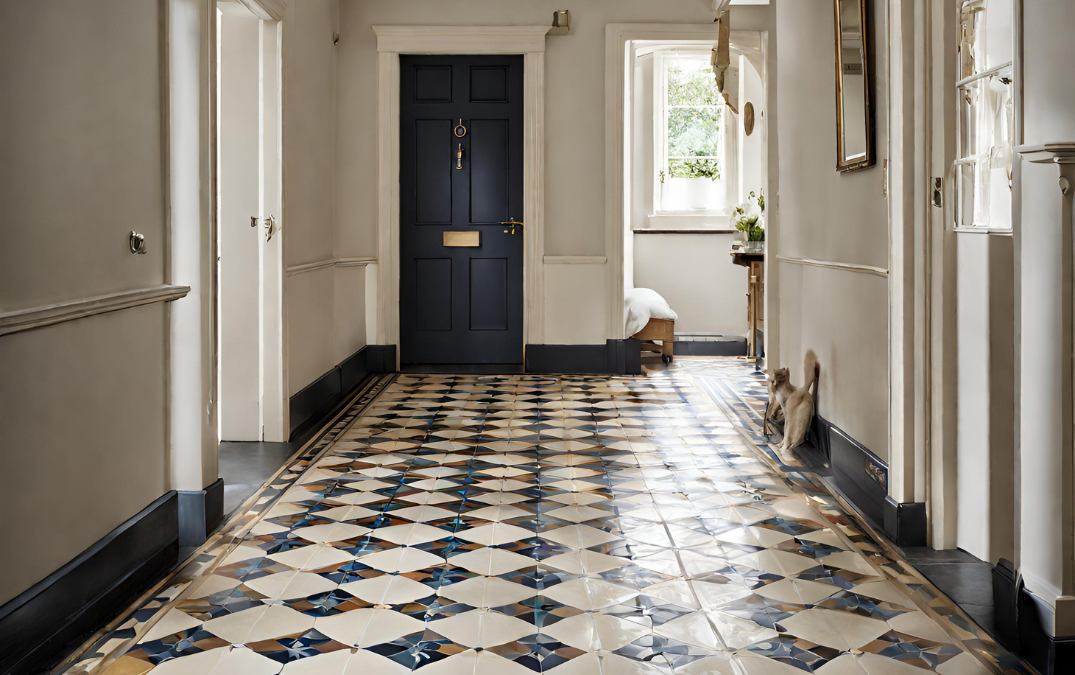 Victorian tiling in a hallway which has been restored to a vibrant colour