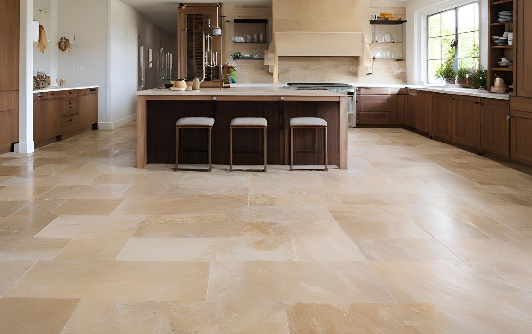 Travertine tile flooring for a residential kitchen.