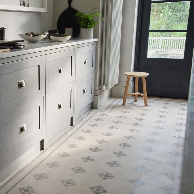 Tile style amtico flooring in a kitchen.