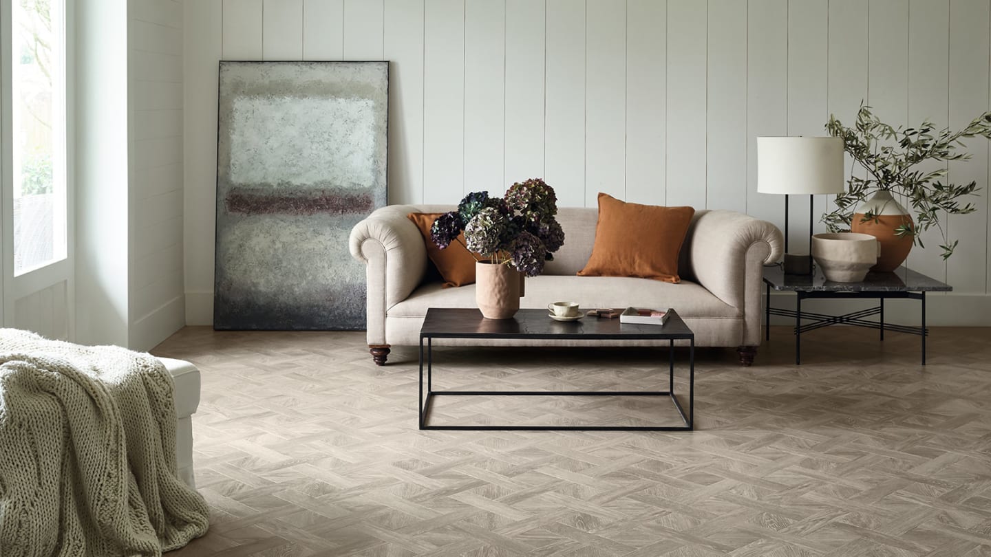 Amtico flooring in herringbone style for a residential living room.