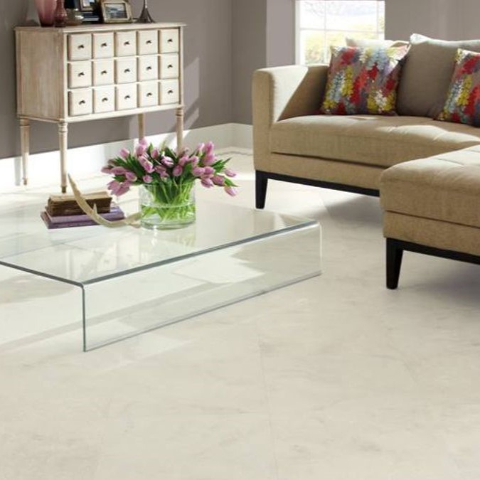 A white karndean floor in a living room, made to mimic marble.