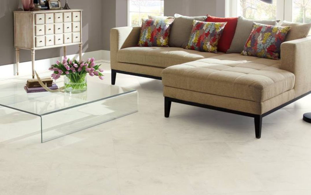 A white karndean floor in a living room, made to mimic marble.